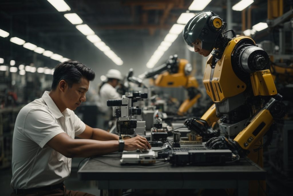 seorang pekerja yang sedang membuat mesin robot berbasis kecerdasan buatan